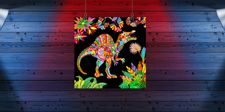 The Spinosaurus Zentangle Poster by Jurassic Studio features a colorful dinosaur with abstract leaves and flowers, displayed on a blue wood wall illuminated by red and blue lights.