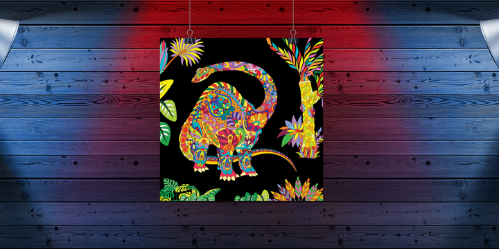 The Brontosaurus Zentangle Poster by Jurassic Studio showcases patterned dinosaur artwork with colorful floral designs on a black background, displayed against a blue and red gradient wooden wall.