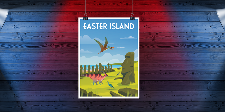 The Easter Island Poster by Jurassic Studio displays vibrant cartoon dinosaurs, a flying reptile, and moai statues on a grassy landscape, hanging on a wooden wall with red and blue gradient lighting.