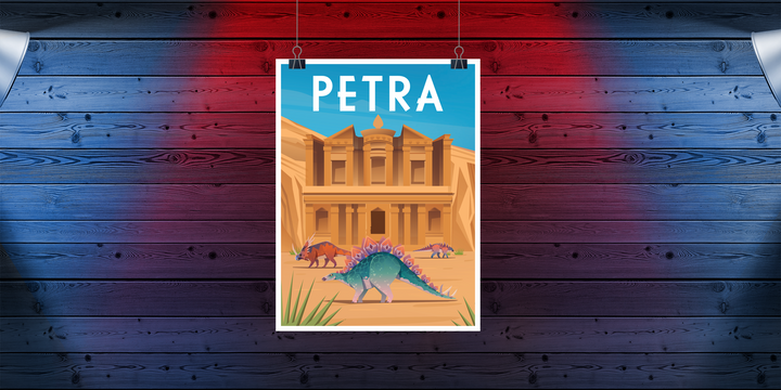 The Petra Poster by Jurassic Studio features Petra’s iconic ancient building with dinosaur art, including a stegosaurus in front, all set against dramatic red and blue lighting and displayed on canvas clipped to a wooden wall.