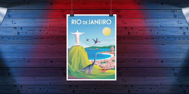 The Rio de Janeiro Poster by Jurassic Studio features colorful dinosaurs, Christ the Redeemer, mountains, the ocean, and pterosaurs soaring above the city under a bright sun.