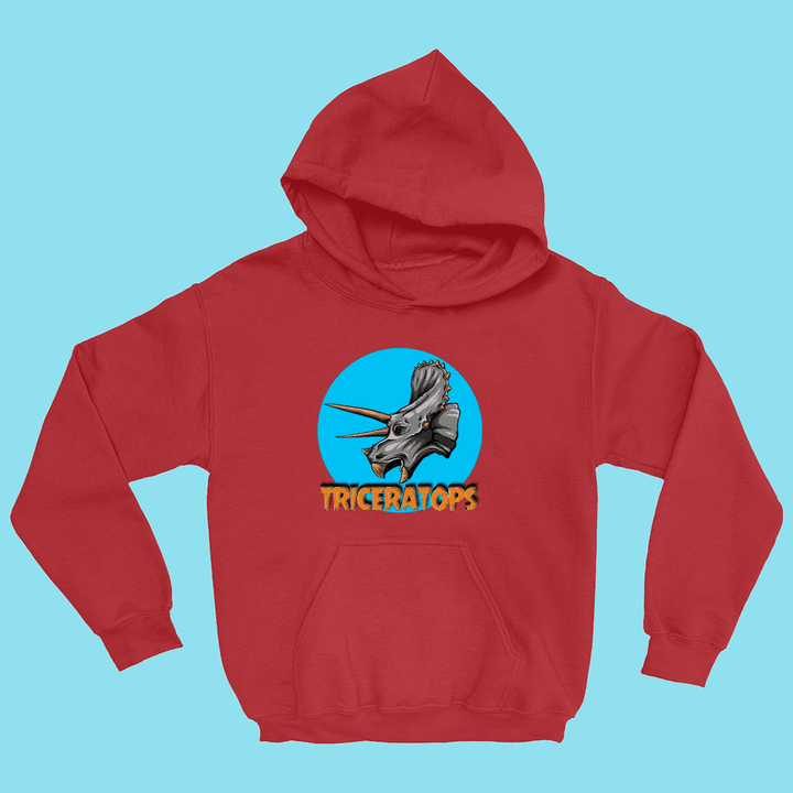 The Jurassic Studio Kids Triceratops Head Hoodie features a gray dinosaur head in a blue circle with “TRICERATOPS” in yellow below—an ideal choice for young dinosaur fans. Displayed on a light blue background.