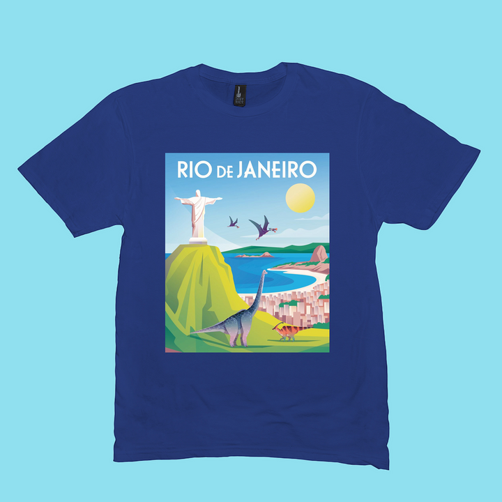 The Men Rio de Janeiro T-Shirt by Jurassic Studio features a colorful illustrated postcard of Rio with Christ the Redeemer, beaches, hills, and playful dinosaurs—perfect as a gift for dinosaur fans!.
