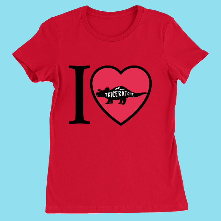 The Women I Love Triceratops T-Shirt by Jurassic Studio features a red design with I ♥ Triceratops and a dino heart silhouette on light blue—an ideal dinosaur gift for fans.