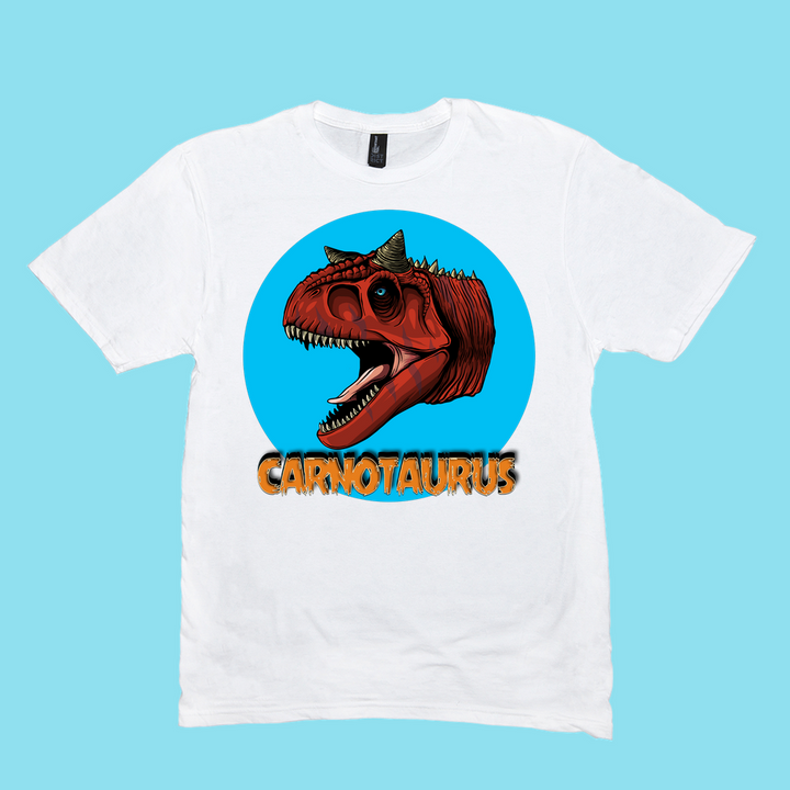 The Men Carnotaurus Head T-Shirt by Jurassic Studio features a bold dinosaur illustration in a blue circle with CARNOTAURUS below—an exclusive tee and perfect gift for dinosaur fans.