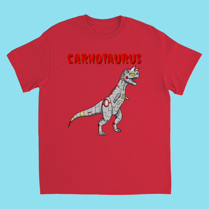 Jurassic Studio Kids Robot Carnotaurus T-Shirt—red tee with a cartoon robotic Carnotaurus and bold CARNOTAURUS text on light blue, perfect for young dinosaur fans!.