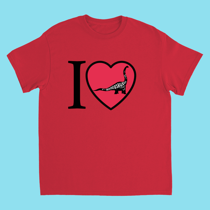 The Kids I Love Brachiosaurus T-Shirt by Jurassic Studio features a red design with a heart-shaped Brachiosaurus silhouette and BRACHIOSAURUS text on a light blue background—an ideal gift for young dinosaur fans.