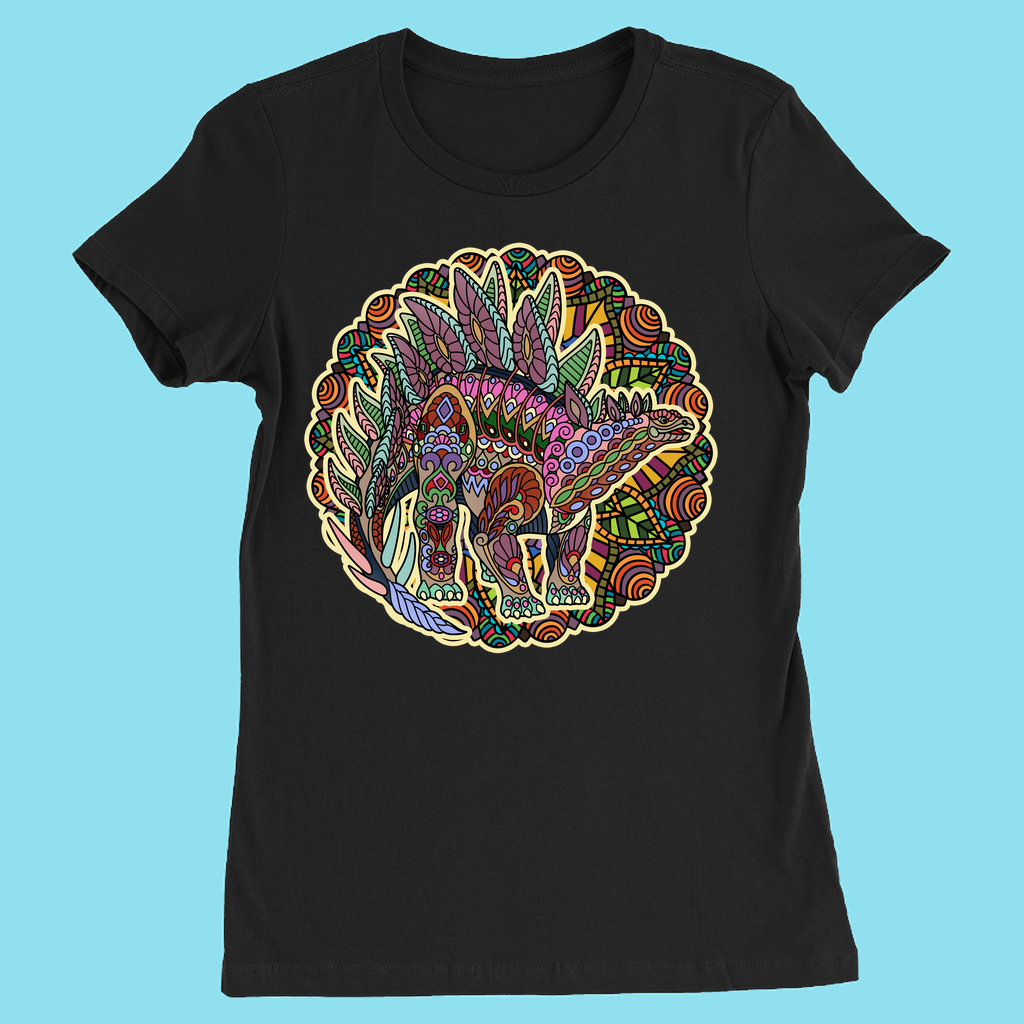 The Women Stegosaurus Mandala T-Shirt by Jurassic Studio features a colorful stegosaurus with intricate patterns on black—an exclusive dinosaur gift for fans.