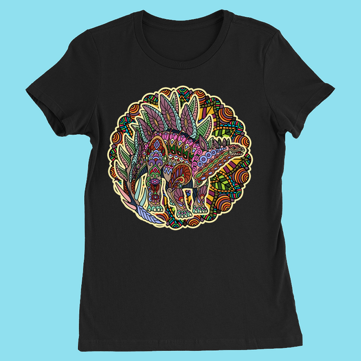 The Women Stegosaurus Mandala T-Shirt by Jurassic Studio features a colorful stegosaurus with intricate patterns on black—an exclusive dinosaur gift for fans.