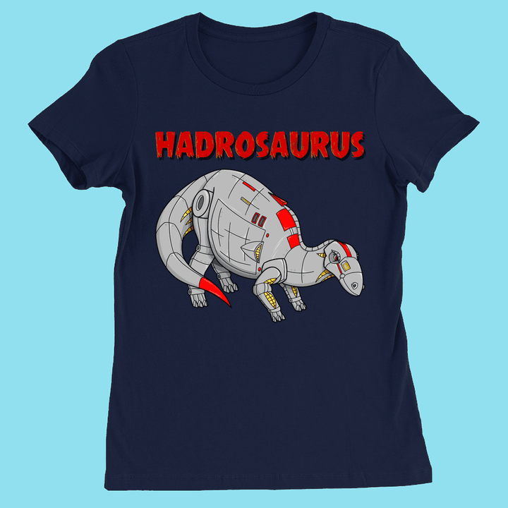 The Women Robot Hadrosaur T-Shirt by Jurassic Studio features a navy blue tee with a cartoon hadrosaur and bold red HADROSAURUS lettering on light blue—a fun exclusive gift for dinosaur fans.