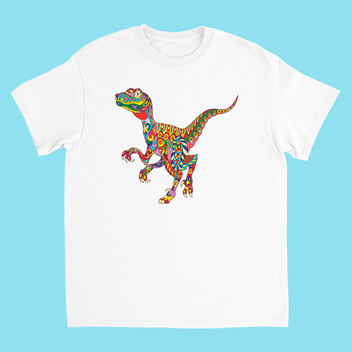 The Kids Velociraptor Zentangle T-Shirt by Jurassic Studio features a colorful, psychedelic dinosaur graphic on a light blue background—an exclusive gift perfect for any young dino fan.