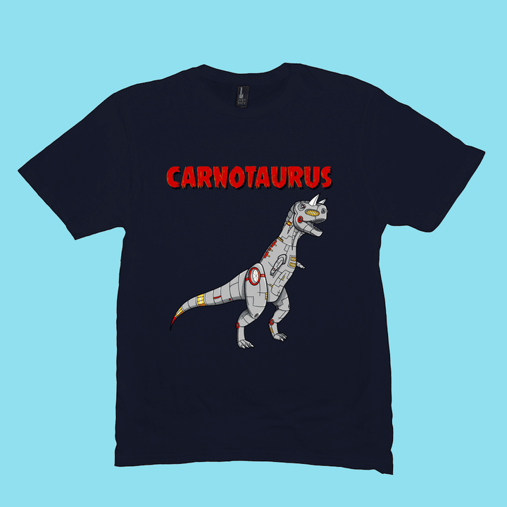 The Men Robot Carnotaurus T-Shirt by Jurassic Studio features a cartoon robotic dinosaur and bold red CARNOTAURUS text on a light blue background—an ideal gift for dinosaur fans.