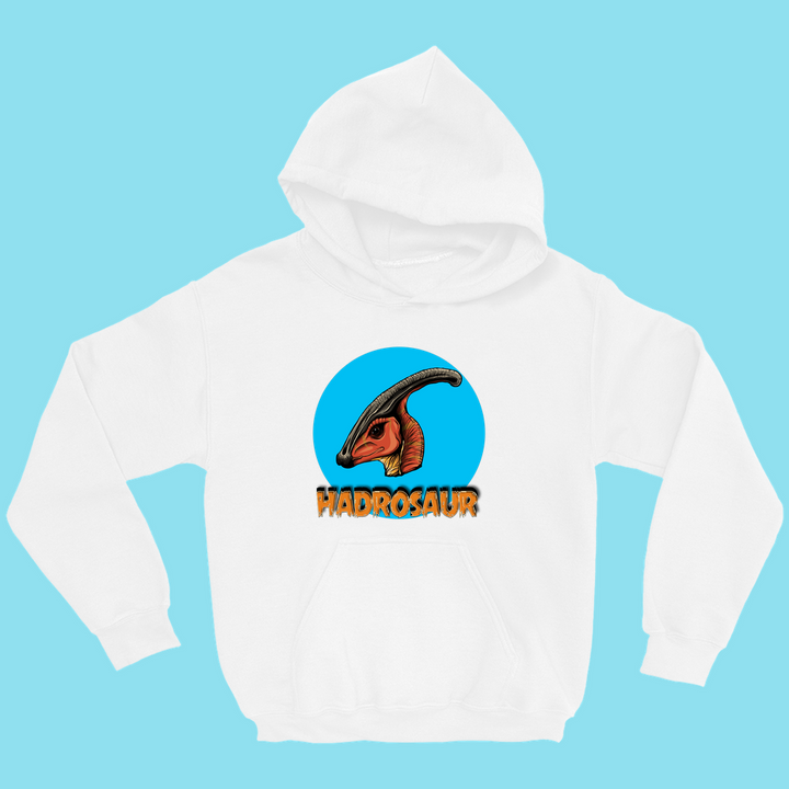 The Kids Hadrosaur Head Hoodie by Jurassic Studio showcases a hadrosaur head inside a blue circle on light blue, with bold orange HADROSAUR text—ideal for young dinosaur fans.