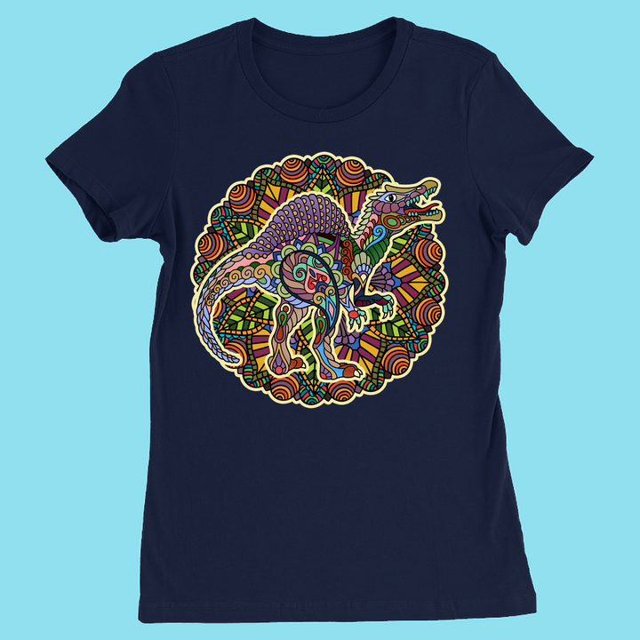 The Women Spinosaurus Mandala T-Shirt by Jurassic Studio features a colorful abstract Spinosaurus with intricate mandala patterns—a unique navy blue tee and the perfect gift for dinosaur fans.