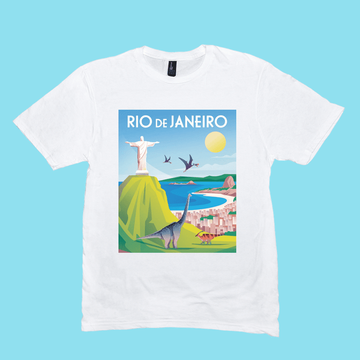 Men Rio de Janeiro T-Shirt by Jurassic Studio, featuring a vibrant city scene with Christ the Redeemer, sun, dinosaurs, and pterosaurs. RIO DE JANEIRO at the top. Ideal Dino de Janeiro shirt and perfect gift for dinosaur fans!.