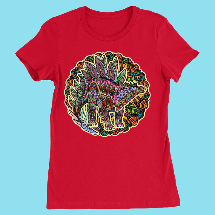 Jurassic Studio’s exclusive Women Stegosaurus Mandala T-Shirt features a colorful, intricate dinosaur mandala on light blue—a vibrant and unique gift for fans.