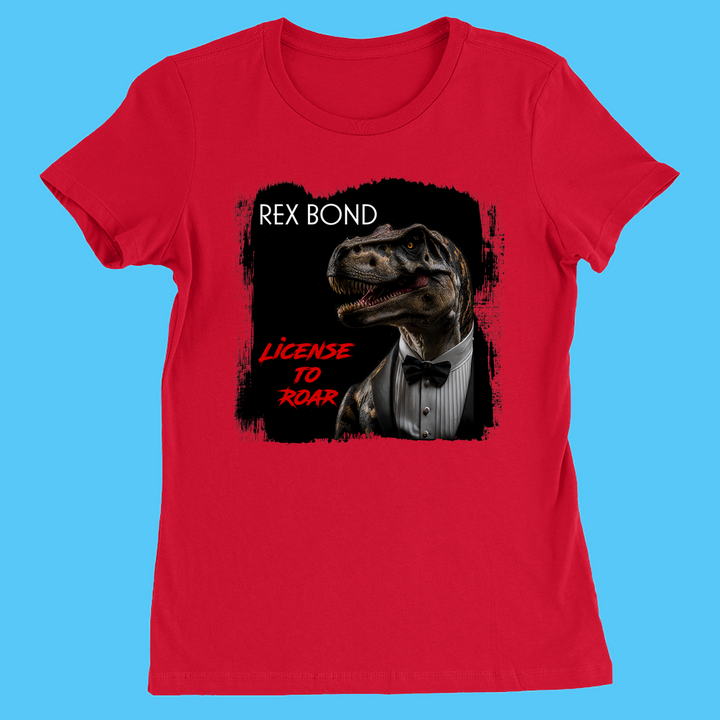The Women Rex Bond T-Shirt by Jurassic Studio features a tuxedo T. rex graphic with “Rex Bond” and “License to Roar” text on a black brushstroke—an exclusive design and perfect gift for any dinosaur fan!.