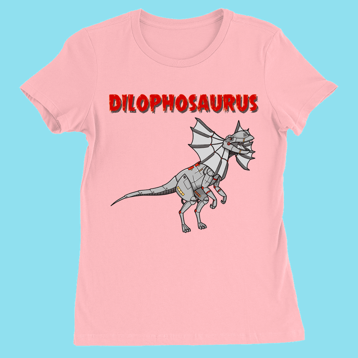Jurassic Studio’s Women Robot Dilophosaurus T-Shirt features a pink cartoon robotic dinosaur with metal plates, DILOPHOSAURUS in bold red font, and a light blue background—perfect gift for dinosaur fans!.