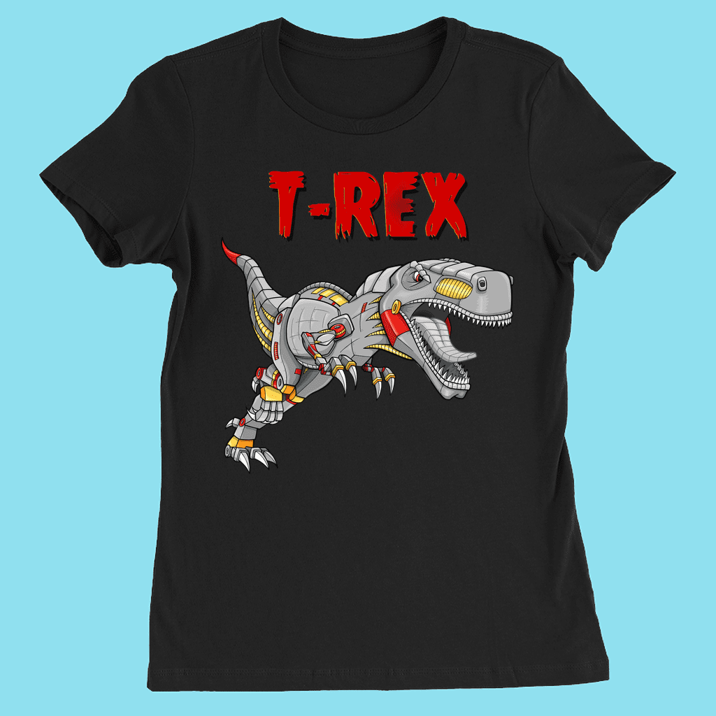 The Women Robot T-Rex T-Shirt by Jurassic Studio features a cartoon Robot T-Rex roaring under bold, red dripping T-REX text with metallic accents for a fierce, futuristic style. Exclusive women’s dinosaur shirt.