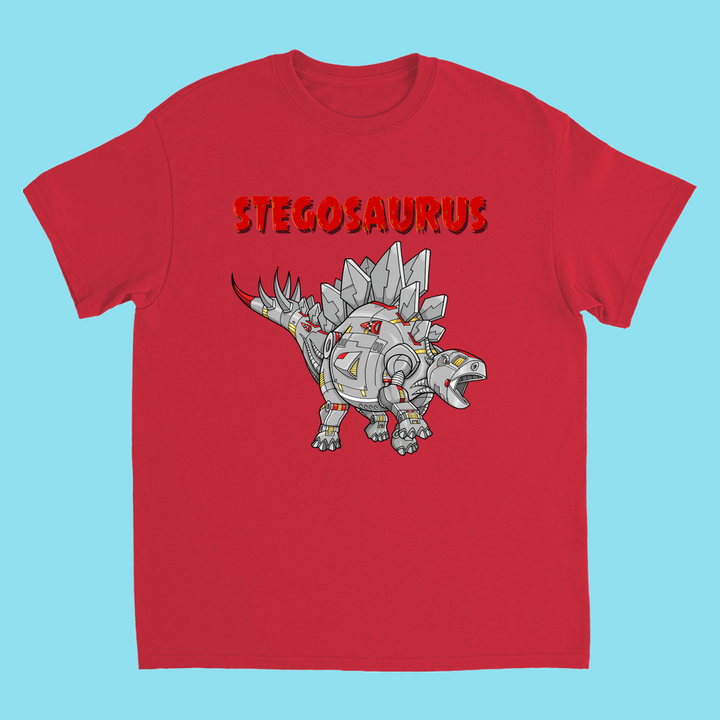 The Kids Robot Stegosaurus T-Shirt by Jurassic Studio features a cartoon robot stegosaurus with “STEGOSAURUS” in bold red text on light blue—a perfect gift for dinosaur fans.