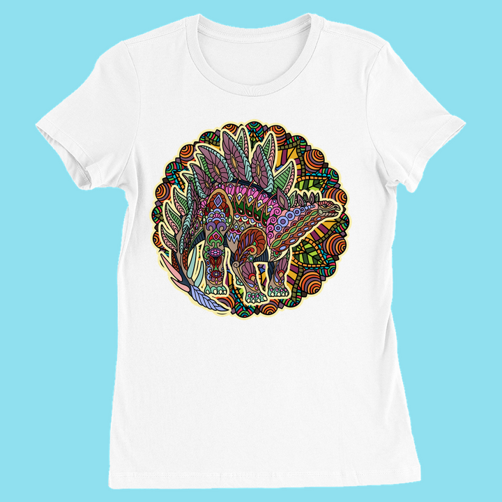The Women Stegosaurus Mandala T-Shirt by Jurassic Studio features a colorful stegosaurus in a mandala border on light blue—exclusive and perfect as a dinosaur gift.