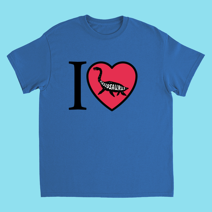 Kids I Love Plesiosaurus T-Shirt by Jurassic Studio: Light blue tee with a red heart featuring a dinosaur silhouette and “PLATESOSAURUS” text. A perfect gift for young dino fans, available exclusively from Jurassic Studio.
