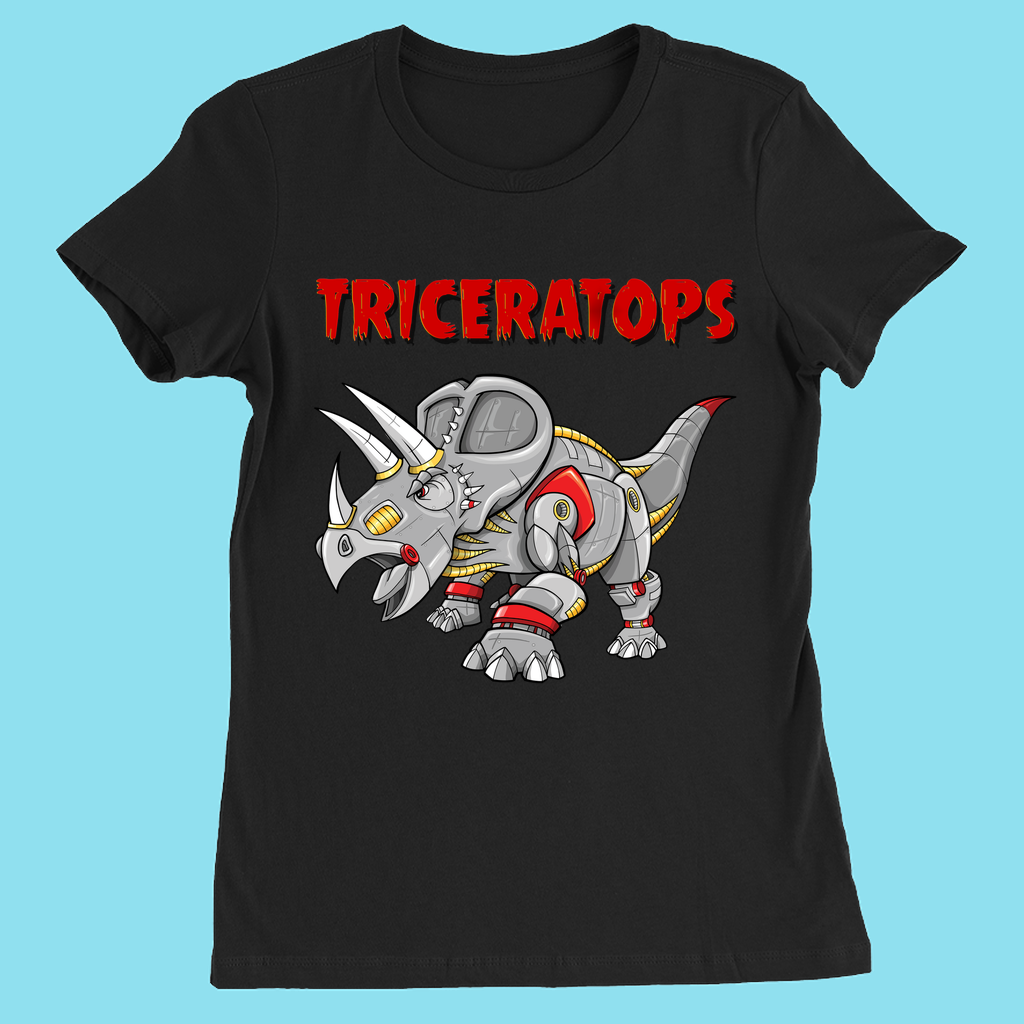 The Women Robot Triceratops T-Shirt by Jurassic Studio features a cartoon robot triceratops with metallic parts and red accents below bold red TRICERATOPS text on light blue—an exclusive women’s dinosaur shirt.