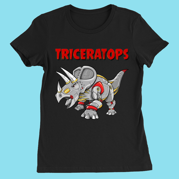 The Women Robot Triceratops T-Shirt by Jurassic Studio features a cartoon robot triceratops with metallic parts and red accents below bold red TRICERATOPS text on light blue—an exclusive women’s dinosaur shirt.