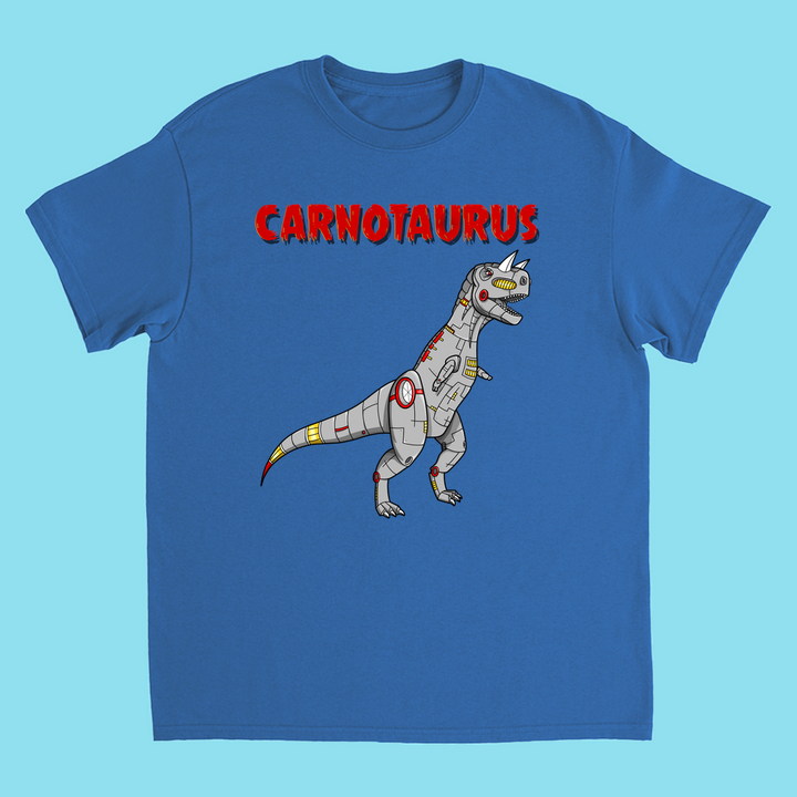 Jurassic Studios Kids Robot Carnotaurus T-Shirt features a cartoon robot dinosaur and CARNOTAURUS in red above the image—perfect for young dinosaur fans.
