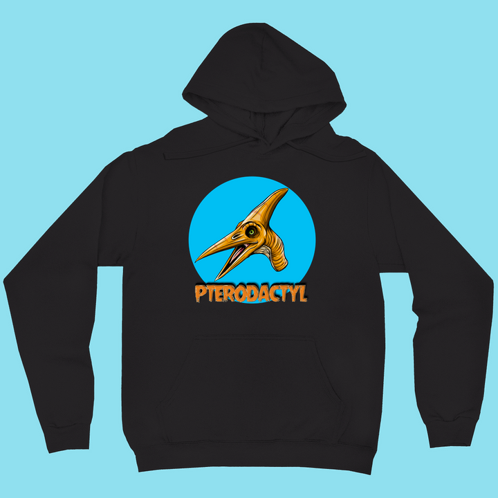 The Jurassic Studio Women Pterodactyl Head Hoodie features a circular blue cartoon pterodactyl graphic above bold orange PTERODACTYL text, set on light blue—an ideal gift for dinosaur fans.