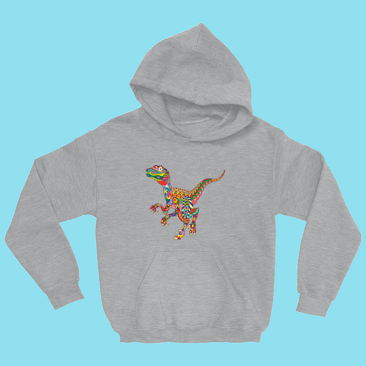 The Jurassic Studio Kids Velociraptor Zentangle Hoodie in gray features a vibrant, patterned dinosaur design on the front, shown against a light blue background.