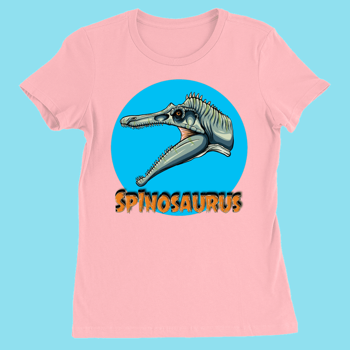 The Jurassic Studio Women Spinosaurus Head T-Shirt features a pink Spinosaurus head in a blue circle with bold lettering—an exclusive, stylish gift for any dinosaur fan.