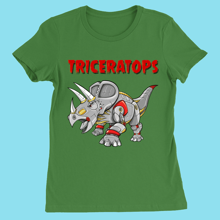 The Women Robot Triceratops T-Shirt by Jurassic Studio features a cartoon robot triceratops with metal armor and red accents under bold red “TRICERATOPS” text, on a light blue background. Exclusively from Jurassic Studio.