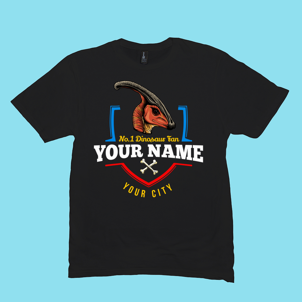 The N.1 Hadrosaur Fan Custom Men T-Shirt by Jurassic Studio features a bold dinosaur head above personalized text and crossed bones—exclusively designed for top dino fans.