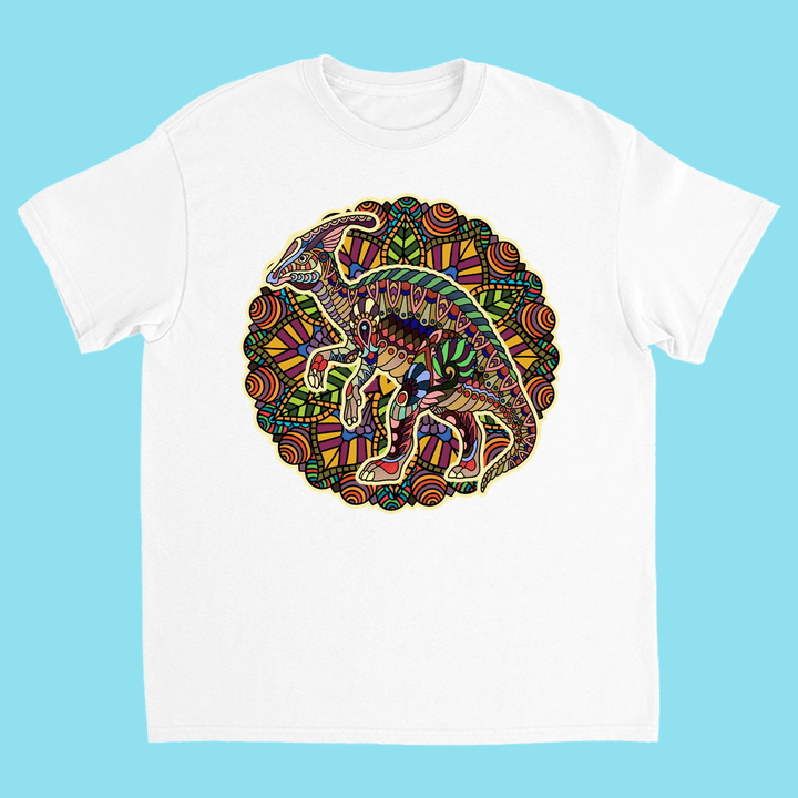 Jurassic Studios Kids Hadrosaur Mandala T-Shirt features a vibrant, detailed illustration of a hadrosaur with visible skeleton details on a patterned circular background—an ideal gift for young dinosaur fans.