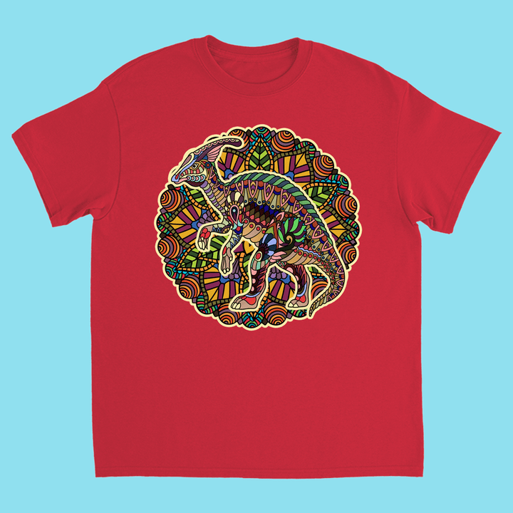 The Kids Hadrosaur Mandala T-Shirt by Jurassic Studio features a vibrant mandala-style dinosaur design—perfect for young dino fans.