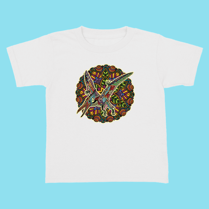 The Jurassic Studio Toddler Pterodactyl Mandala T-Shirt features a vibrant, patterned pterodactyl on an abstract background—an ideal gift for young dinosaur fans and little adventurers!.