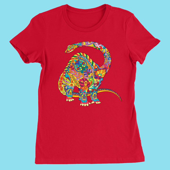 The Jurassic Studio Women Brontosaurus Zentangle T-Shirt features a colorful paisley-patterned cartoon dinosaur on light blue, made from soft Airlume cotton for comfort.