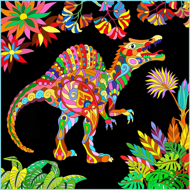 The Spinosaurus Zentangle Poster by Jurassic Studio showcases a brightly colored, patterned dinosaur amid vibrant tropical plants on a black background—bold, intricate designs in vivid hues make it perfect for a unique canvas display.