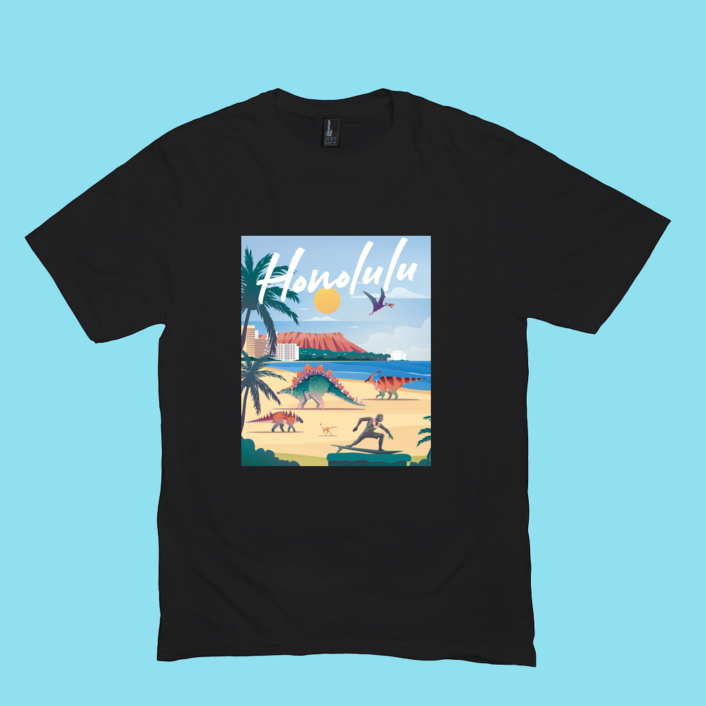 The Men Honolulu T-Shirt by Jurassic Studio is a black 100% cotton tee with a vibrant tropical beach design and Honolulu in bold white script—ideal for island lovers or unique gifts for dinosaur fans.