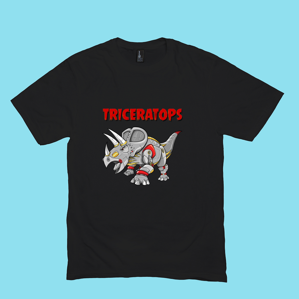 The Men Robot Triceratops T-Shirt by Jurassic Studio features a cartoon robot triceratops with metallic parts and red accents on a light blue background, with “TRICERATOPS” boldly printed above—a great gift for dinosaur fans.