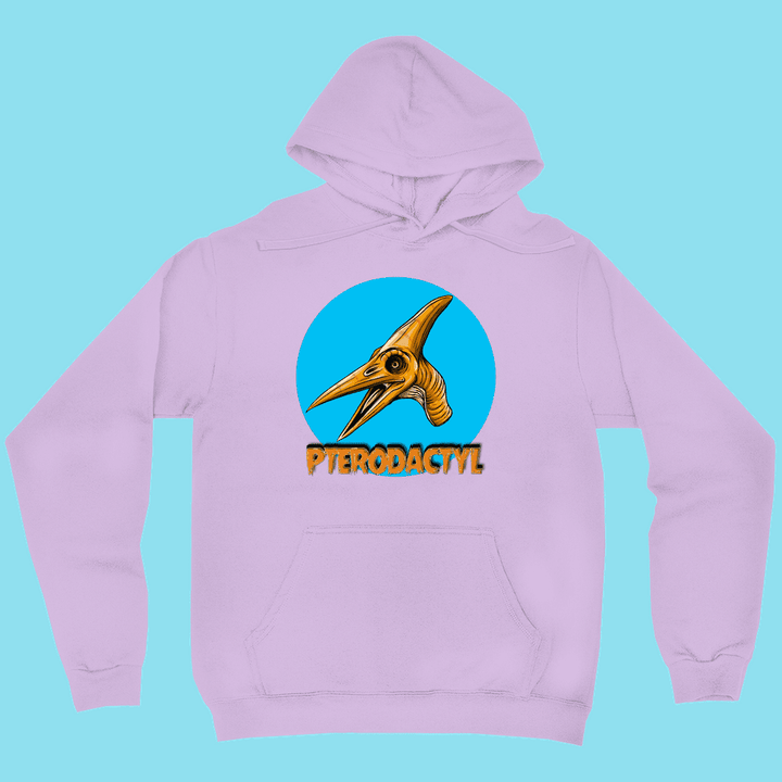 The Jurassic Studio Women Pterodactyl Head Hoodie features a cartoon pterodactyl head in a blue circle and bold orange PTERODACTYL text, making it the perfect unisex dinosaur fan gift on a light blue background.