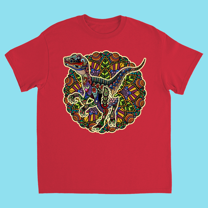 Jurassic Studios Kids Velociraptor Mandala T-Shirt features a vibrant dinosaur and swirling mandala designs in yellow, green, red, and purple—perfect for young dinosaur fans.