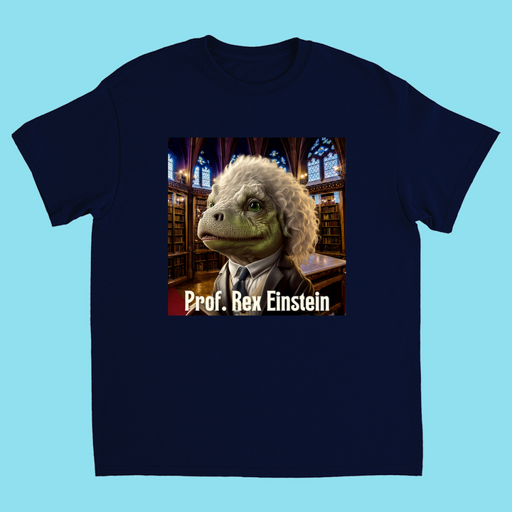 The Kids Prof. Rex Einstein Bond T-Shirt by Jurassic Studio is a navy blue, 100% cotton tee featuring a dinosaur with white hair in a suit, in a grand library, with Prof. Rex Einstein text below.