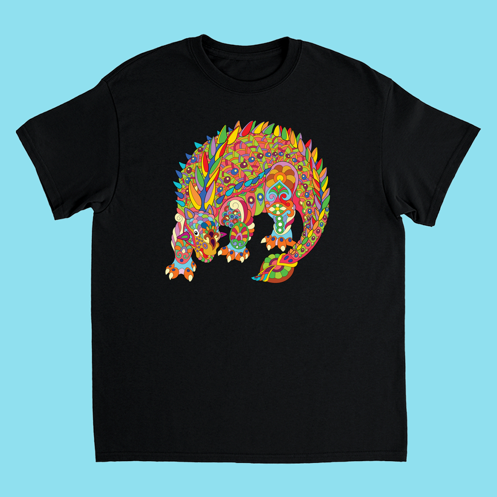 Black t-shirt featuring a colorful zentangle Ankylosaurus design on a light blue background—a unique Jurassic Studio Kids Ankylosaurus Zentangle T-Shirt, perfect for any young dinosaur fan.