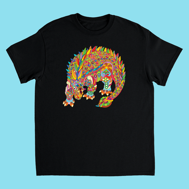 Black t-shirt featuring a colorful zentangle Ankylosaurus design on a light blue background—a unique Jurassic Studio Kids Ankylosaurus Zentangle T-Shirt, perfect for any young dinosaur fan.