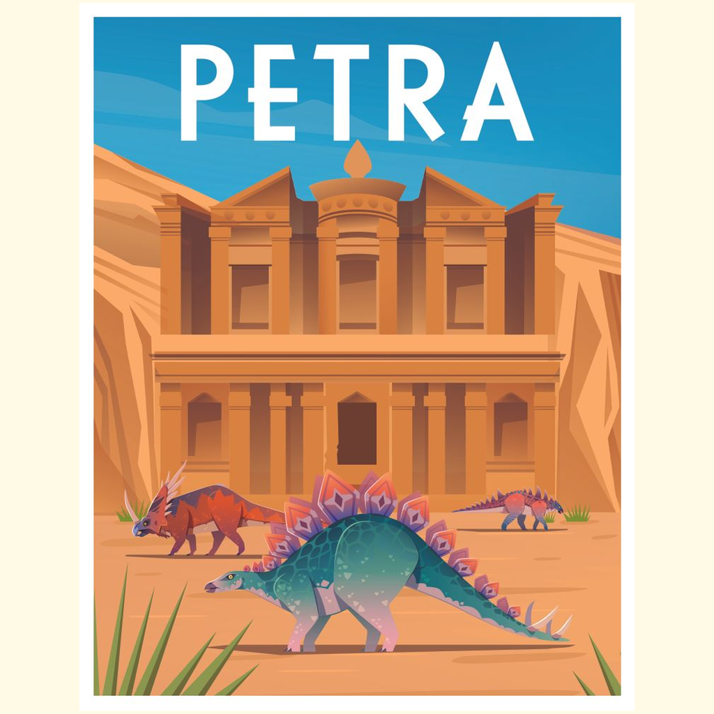 Jurassic Studios Petra Poster features a vibrant illustration of Petra’s rock-carved facade with three colorful dinosaurs under a blue sky and desert landscape. “PETRA” is boldly displayed at the top—perfect wall art for dinosaur fans.