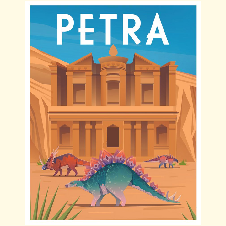 Jurassic Studios Petra Poster features a vibrant illustration of Petra’s rock-carved facade with three colorful dinosaurs under a blue sky and desert landscape. “PETRA” is boldly displayed at the top—perfect wall art for dinosaur fans.