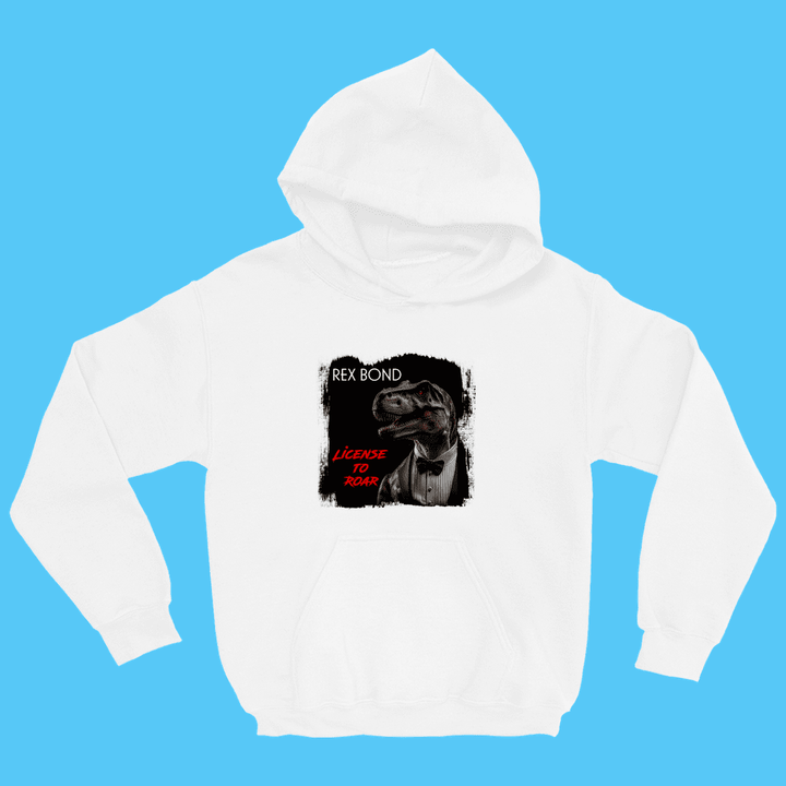 The Kids Rex Bond Hoodie by Jurassic Studio features a dinosaur in a tuxedo with “REX BOND” and “LICENSE TO ROAR” on a distressed black background—a fun gift for young dinosaur fans.