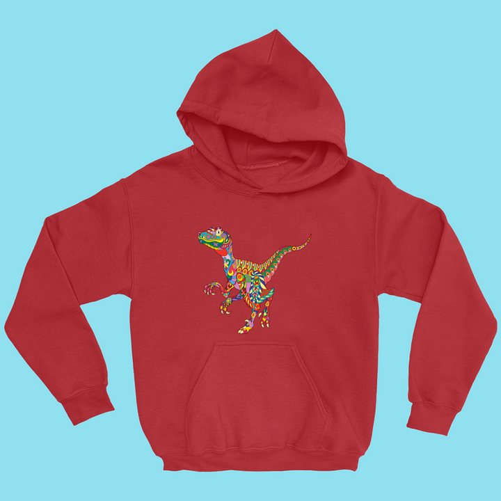 The Jurassic Studio Kids Velociraptor Zentangle Hoodie is a red hooded sweatshirt featuring a vibrant, patterned dinosaur illustration on the front, set against a light blue backdrop.